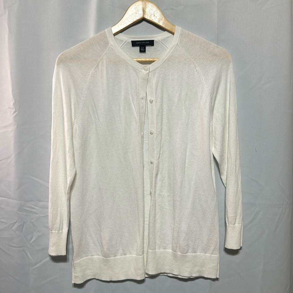 Ann Taylor White 3/4 Sleeve Cardigan Sweater Size LT